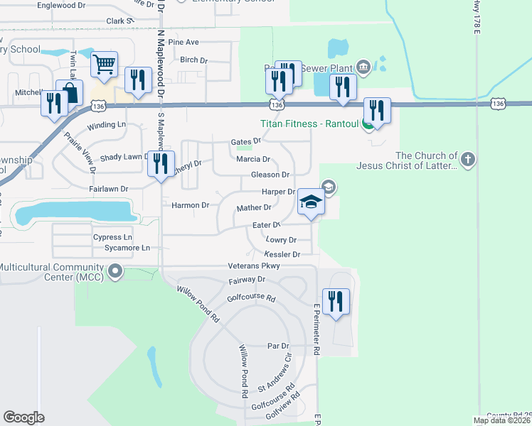 map of restaurants, bars, coffee shops, grocery stores, and more near 1612 Eater Drive in Rantoul