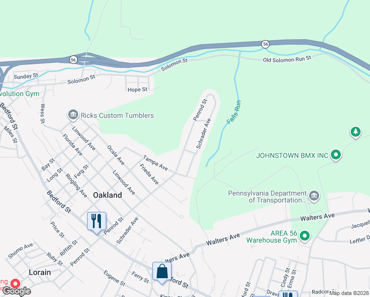 map of restaurants, bars, coffee shops, grocery stores, and more near 99 Penrod Street in Johnstown