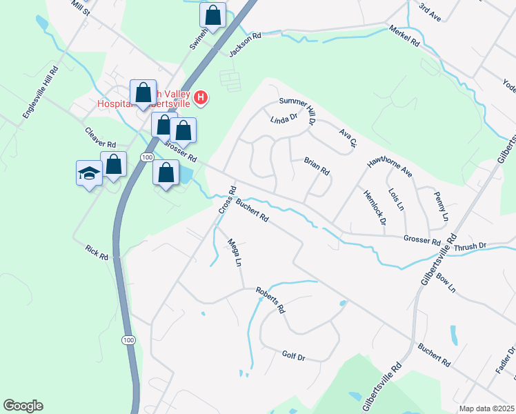 map of restaurants, bars, coffee shops, grocery stores, and more near 305 Buchert Road in Gilbertsville