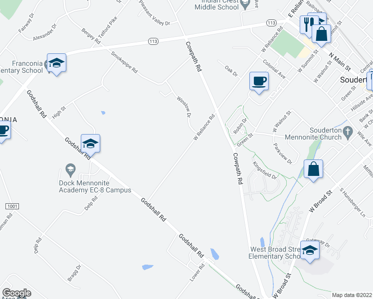 map of restaurants, bars, coffee shops, grocery stores, and more near 325 West Reliance Road in Souderton