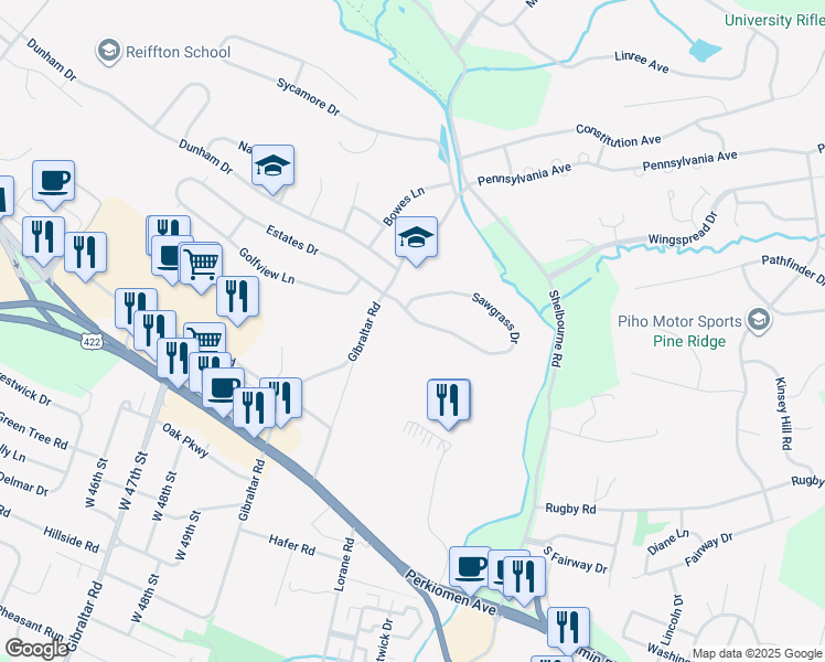 map of restaurants, bars, coffee shops, grocery stores, and more near 8 Sawgrass Drive in Reading