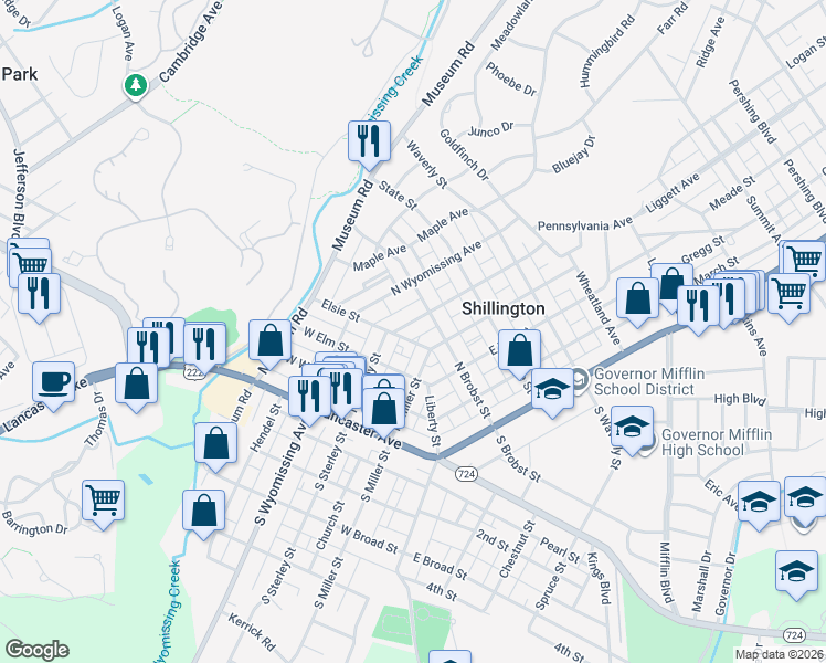 map of restaurants, bars, coffee shops, grocery stores, and more near 218 North Miller Street in Shillington