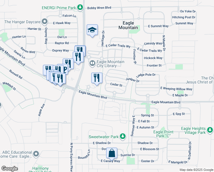map of restaurants, bars, coffee shops, grocery stores, and more near 1770 Cedar Street in Eagle Mountain