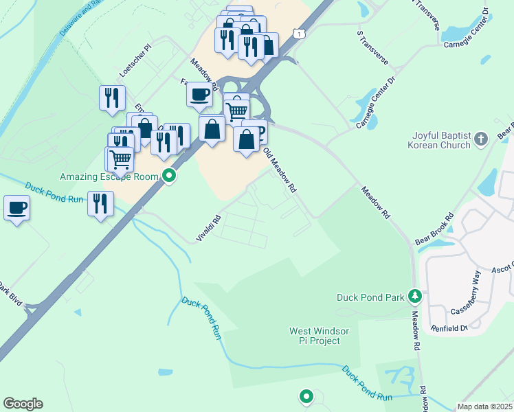 map of restaurants, bars, coffee shops, grocery stores, and more near 1131 Donatello Drive in Princeton