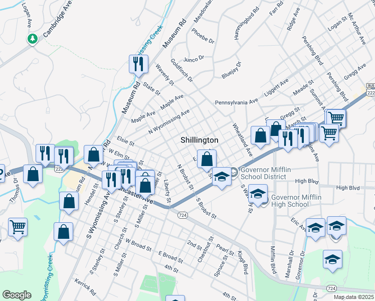 map of restaurants, bars, coffee shops, grocery stores, and more near 138 East Elm Street in Shillington