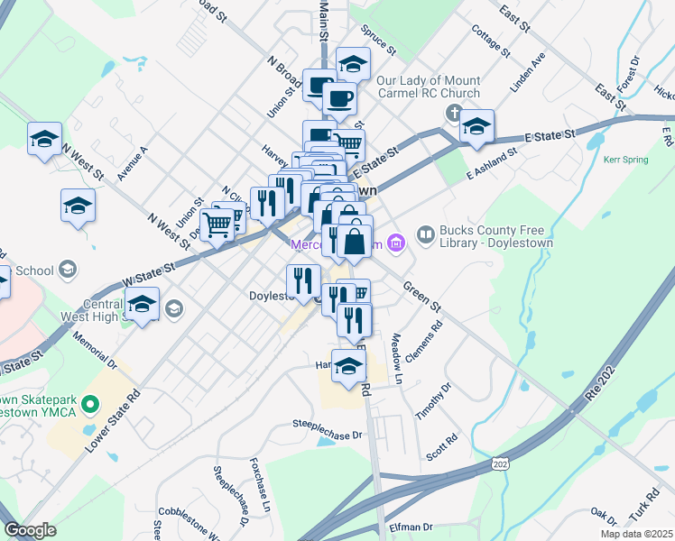 map of restaurants, bars, coffee shops, grocery stores, and more near 130 South Clinton Street in Doylestown