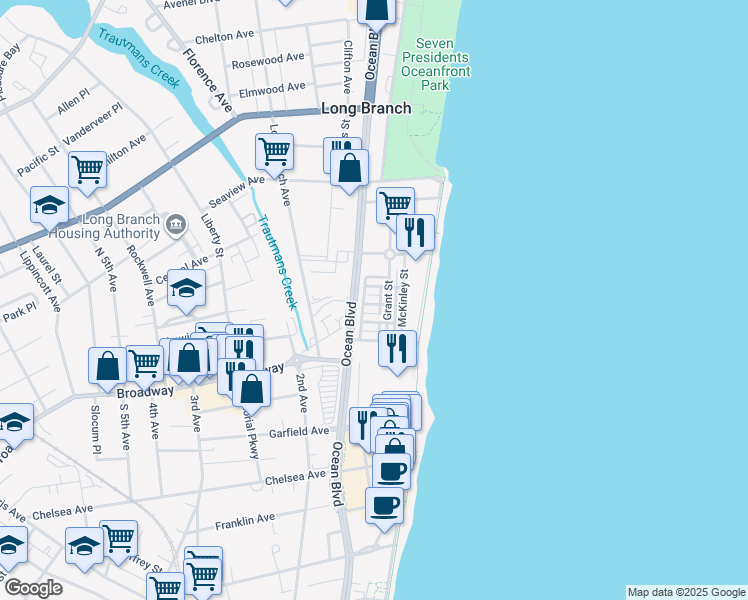 map of restaurants, bars, coffee shops, grocery stores, and more near 7 Whitman Terrace in Long Branch