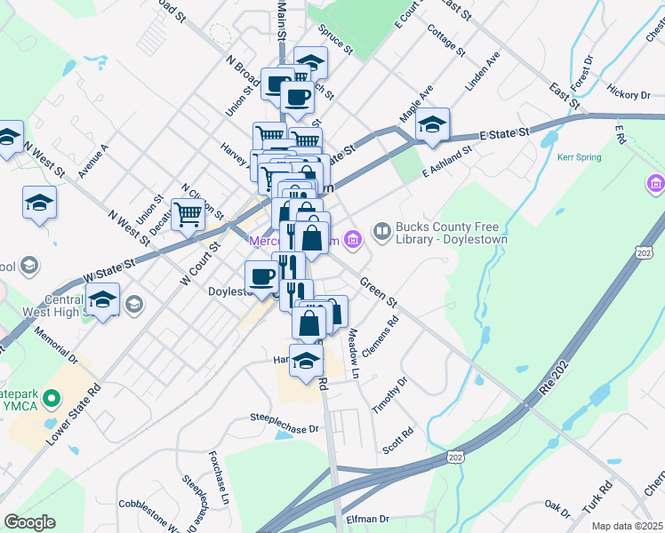 map of restaurants, bars, coffee shops, grocery stores, and more near 77 Hillside Avenue in Doylestown