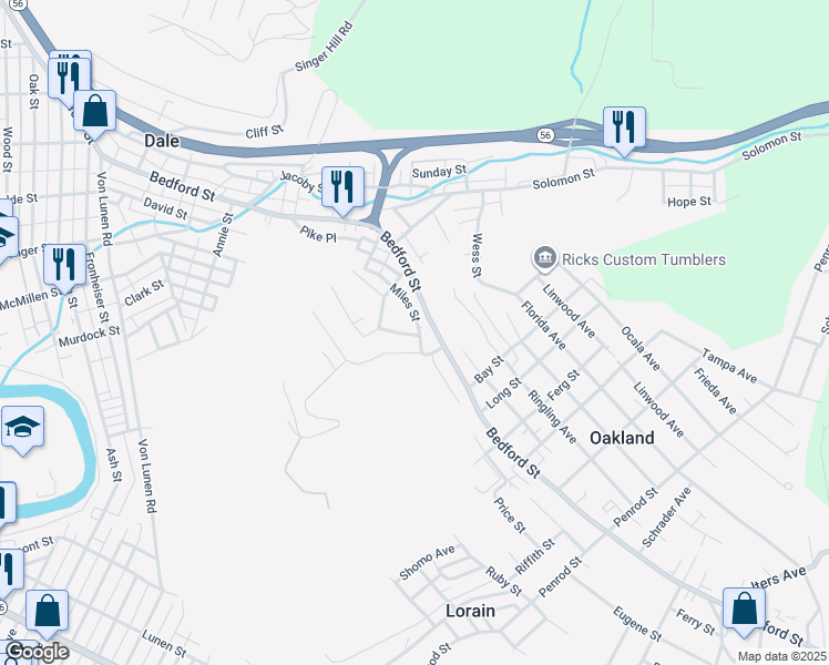map of restaurants, bars, coffee shops, grocery stores, and more near 1167 Miles Street in Johnstown