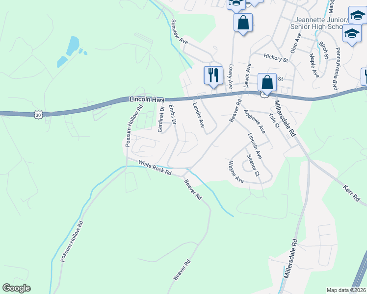 map of restaurants, bars, coffee shops, grocery stores, and more near 208 Flamingo Drive in Jeannette