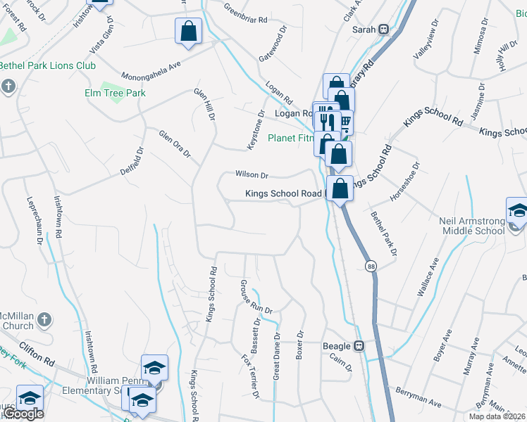 map of restaurants, bars, coffee shops, grocery stores, and more near 5940 Pudding Stone Lane in Bethel Park