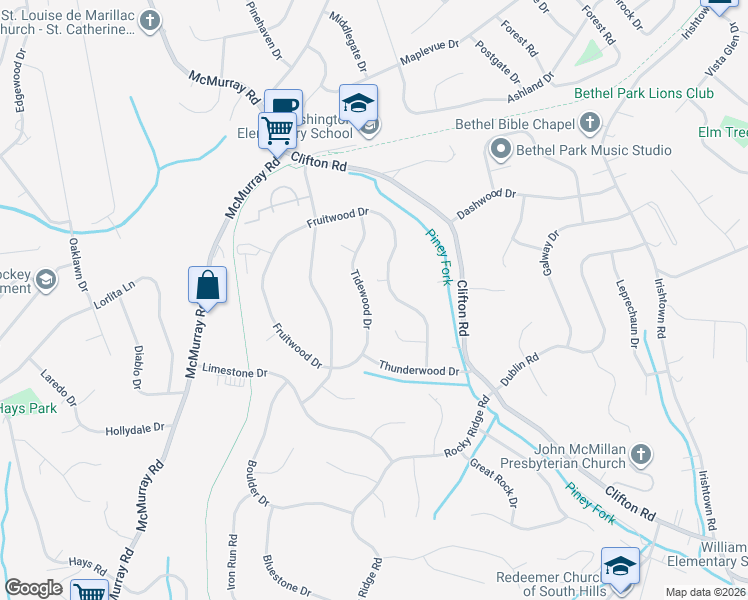 map of restaurants, bars, coffee shops, grocery stores, and more near 1202 Tidewood Drive in Bethel Park