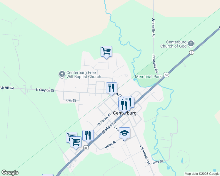 map of restaurants, bars, coffee shops, grocery stores, and more near 108 North Hartford Avenue in Centerburg