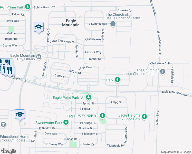 map of restaurants, bars, coffee shops, grocery stores, and more near 2153 Weeping Willow Way in Eagle Mountain