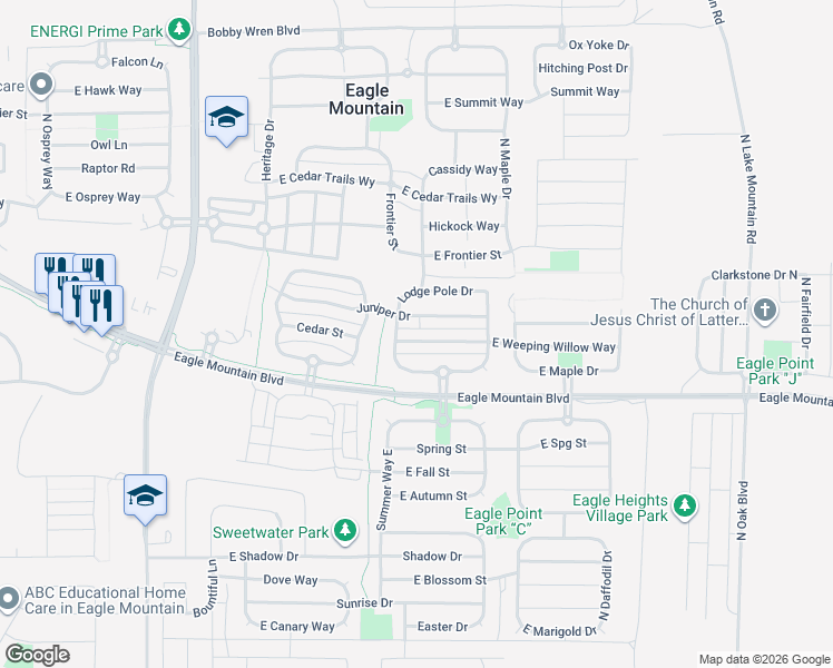 map of restaurants, bars, coffee shops, grocery stores, and more near 2035 Mountain View Drive in Eagle Mountain