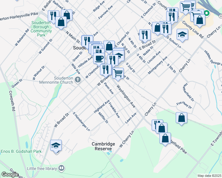 map of restaurants, bars, coffee shops, grocery stores, and more near 33 Penn Avenue in Souderton