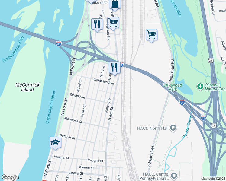 map of restaurants, bars, coffee shops, grocery stores, and more near 3617 North 6th Street in Harrisburg