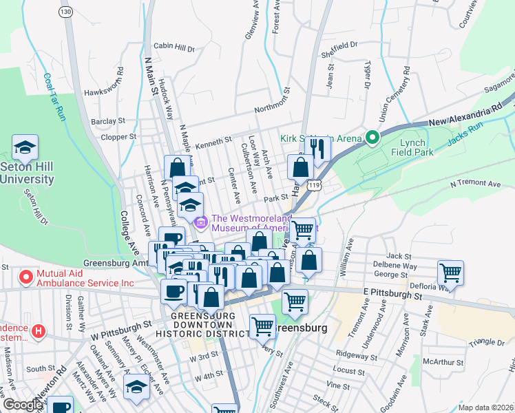 map of restaurants, bars, coffee shops, grocery stores, and more near 215 Center Avenue in Greensburg