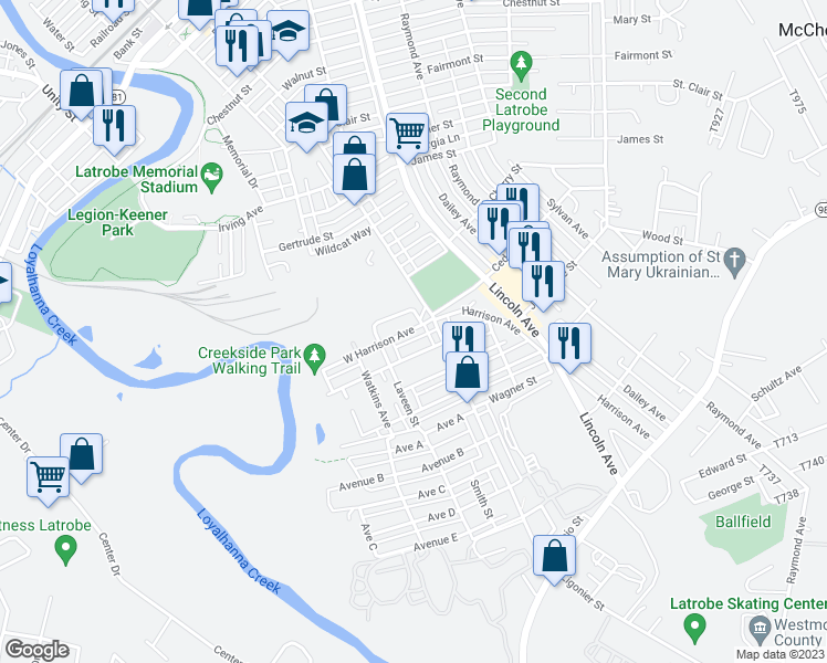 map of restaurants, bars, coffee shops, grocery stores, and more near 12 West Harrison Avenue in Latrobe