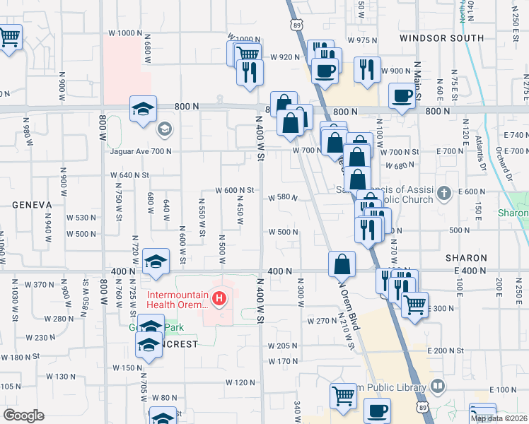 map of restaurants, bars, coffee shops, grocery stores, and more near 550 North 400 West Street in Orem