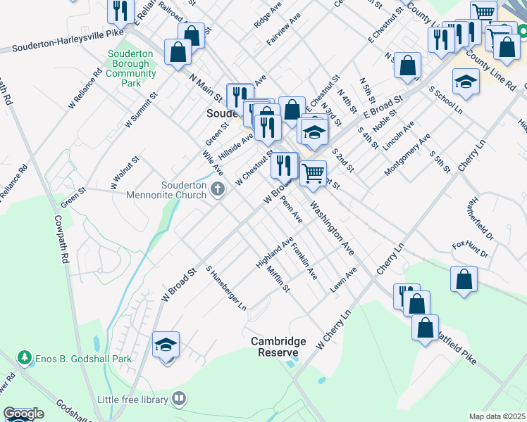 map of restaurants, bars, coffee shops, grocery stores, and more near 100 West Broad Street in Souderton