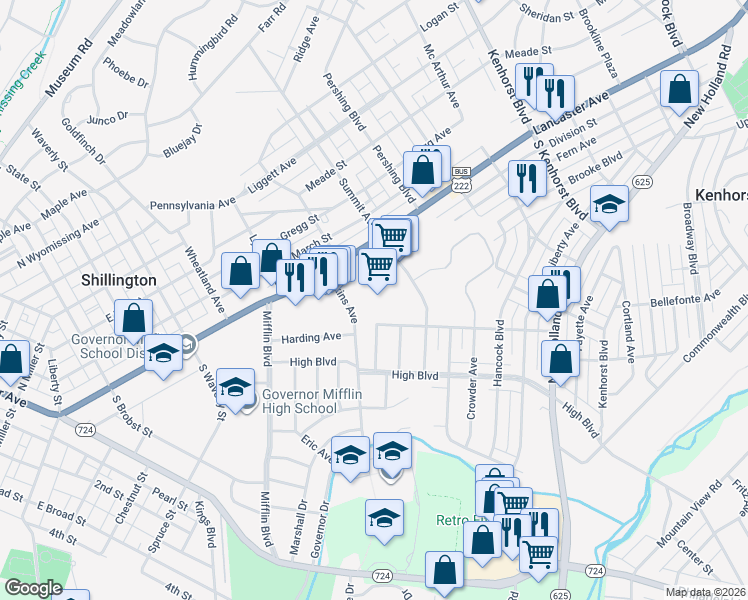 map of restaurants, bars, coffee shops, grocery stores, and more near 602 Harding Avenue in Reading