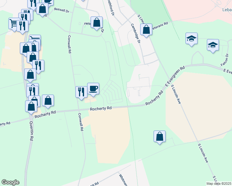 map of restaurants, bars, coffee shops, grocery stores, and more near 730 Farmwood Lane in Lebanon
