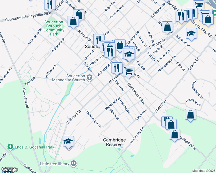 map of restaurants, bars, coffee shops, grocery stores, and more near 100 West Broad Street in Souderton