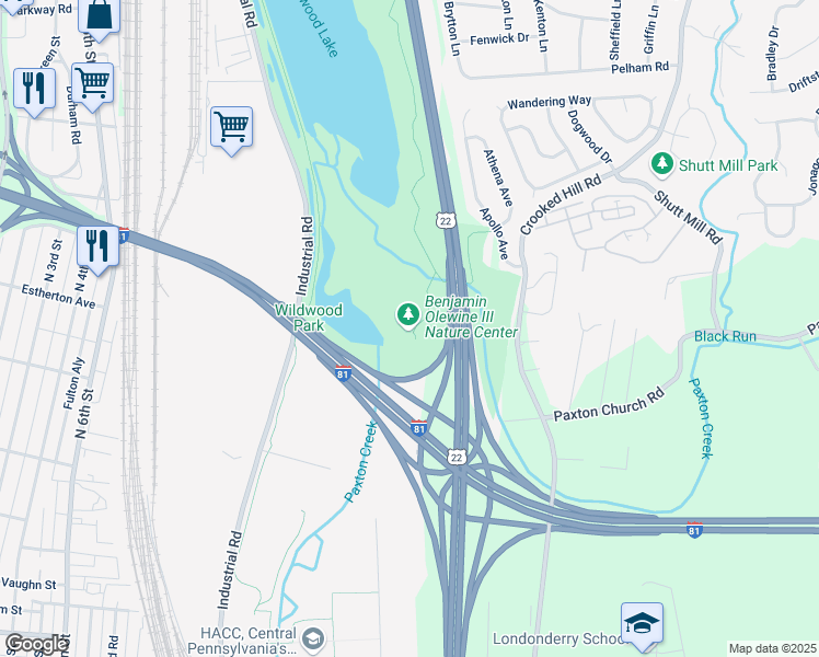 map of restaurants, bars, coffee shops, grocery stores, and more near 100 Wildwood Way in Harrisburg