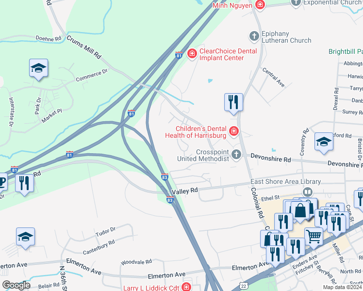 map of restaurants, bars, coffee shops, grocery stores, and more near 500 Beacon Drive in Harrisburg