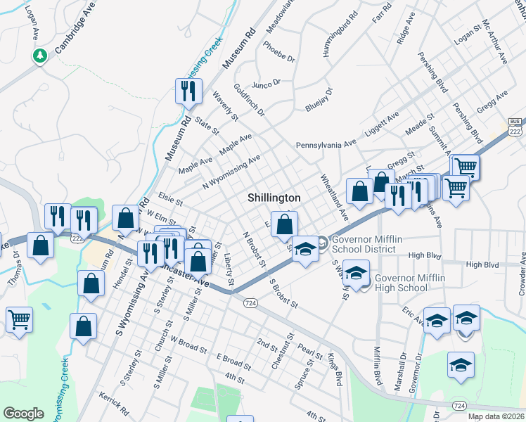 map of restaurants, bars, coffee shops, grocery stores, and more near 138 East Elm Street in Shillington