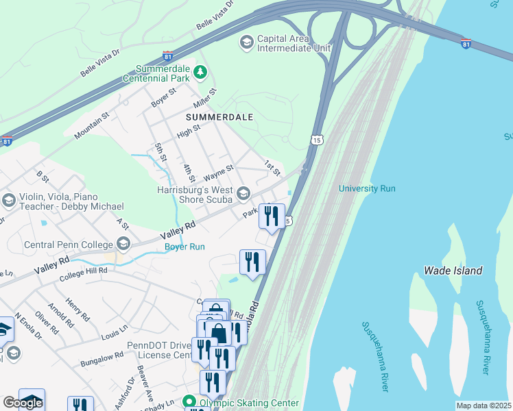 map of restaurants, bars, coffee shops, grocery stores, and more near 100 2nd Street in West Fairview