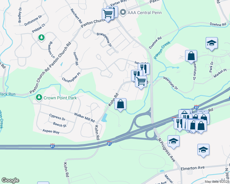 map of restaurants, bars, coffee shops, grocery stores, and more near 2220 Kohn Road in Harrisburg
