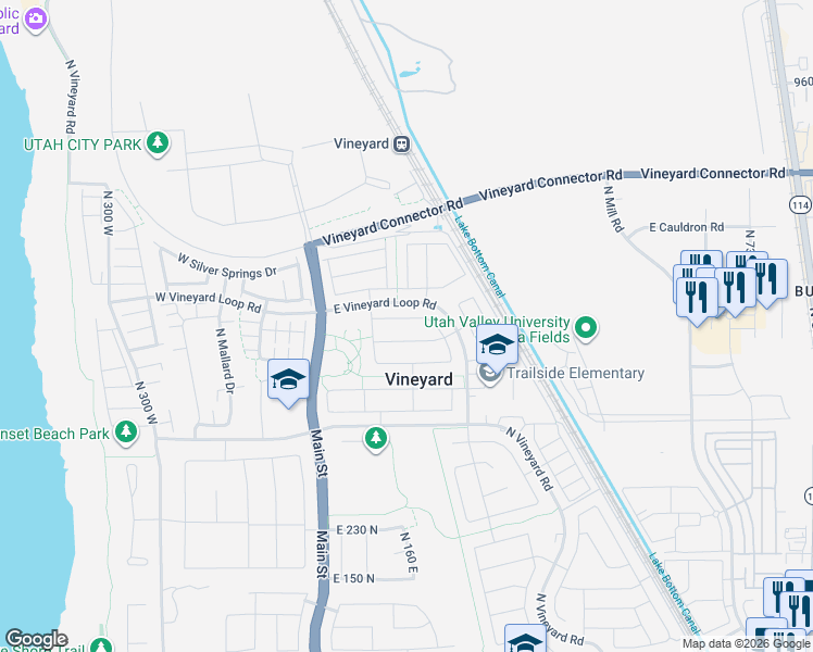 map of restaurants, bars, coffee shops, grocery stores, and more near East 580 South in Utah County
