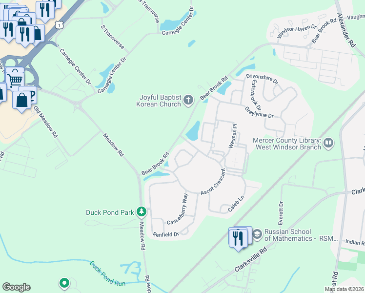 map of restaurants, bars, coffee shops, grocery stores, and more near 20 Nestlewood Way in Princeton