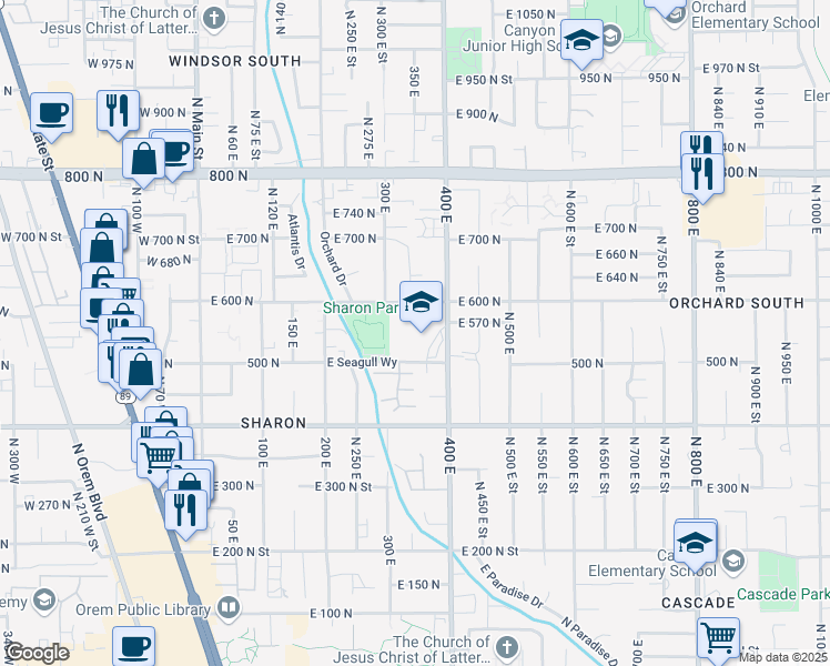 map of restaurants, bars, coffee shops, grocery stores, and more near 525 400 East in Orem