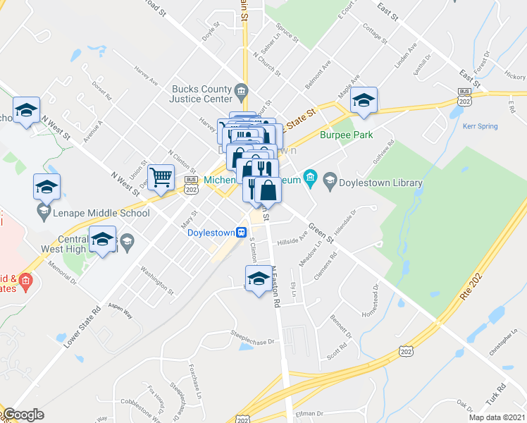 map of restaurants, bars, coffee shops, grocery stores, and more near 120 South Main Street in Doylestown