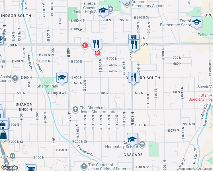 map of restaurants, bars, coffee shops, grocery stores, and more near 547 North 650 East Street in Orem