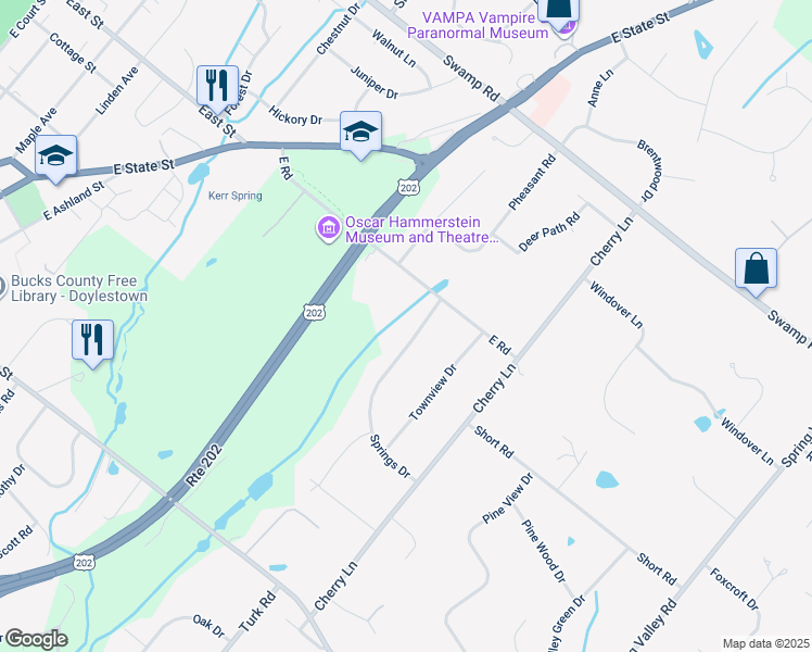 map of restaurants, bars, coffee shops, grocery stores, and more near 24 Springs Drive in Doylestown