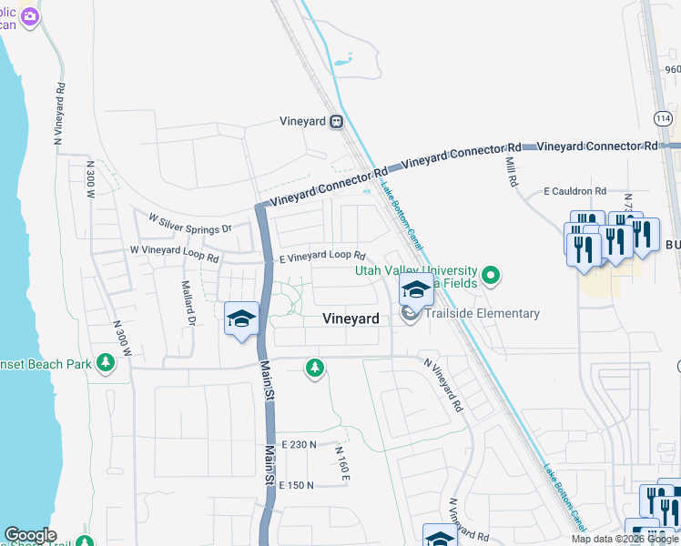 map of restaurants, bars, coffee shops, grocery stores, and more near 152 580 North in Vineyard