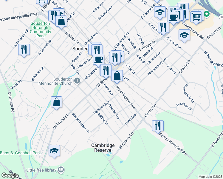 map of restaurants, bars, coffee shops, grocery stores, and more near 33 Penn Avenue in Souderton