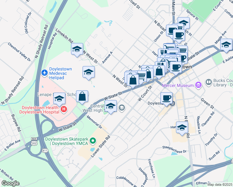 map of restaurants, bars, coffee shops, grocery stores, and more near 303 West State Street in Doylestown