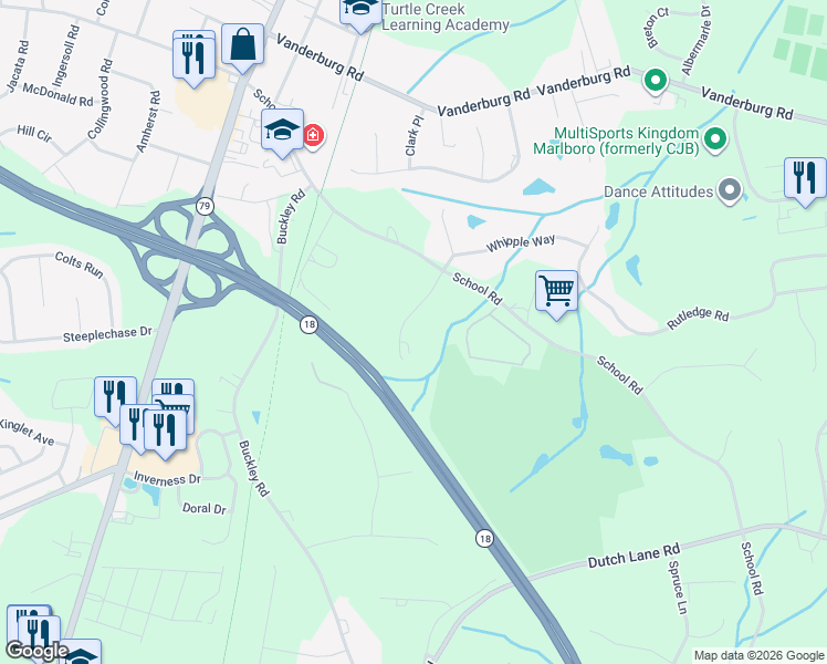 map of restaurants, bars, coffee shops, grocery stores, and more near 5 Bella Vista Court in Marlboro Township