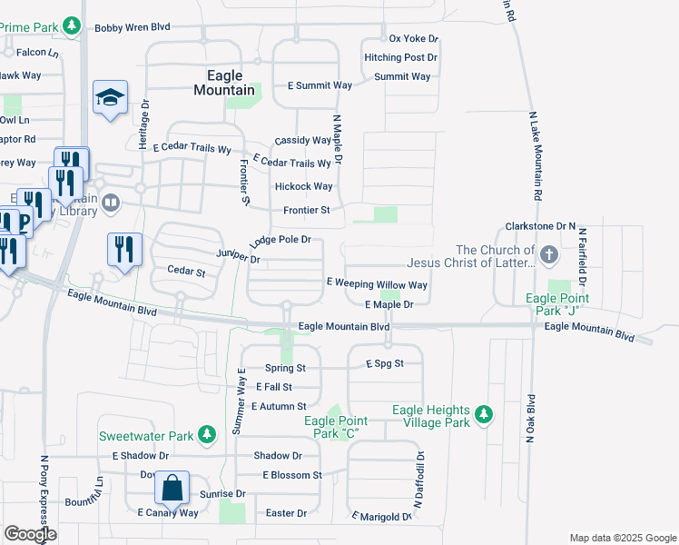 map of restaurants, bars, coffee shops, grocery stores, and more near 4176 White Pine Road in Eagle Mountain