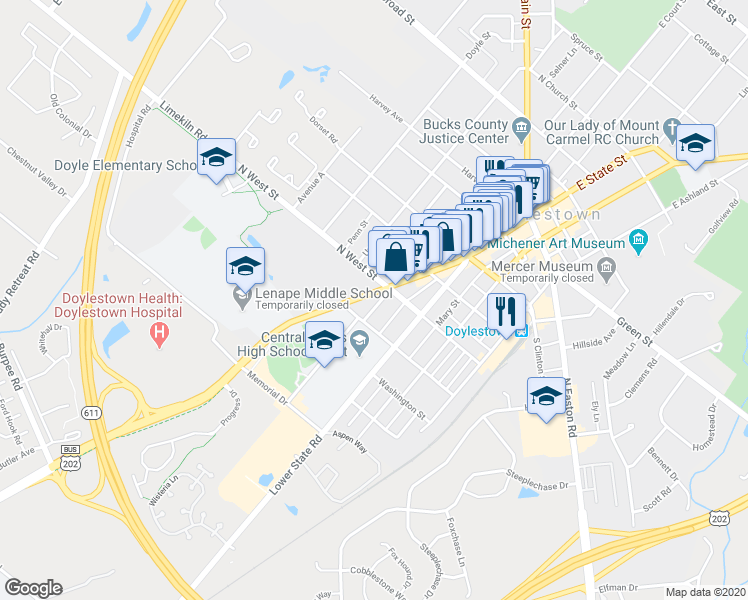 map of restaurants, bars, coffee shops, grocery stores, and more near 258 West State Street in Doylestown
