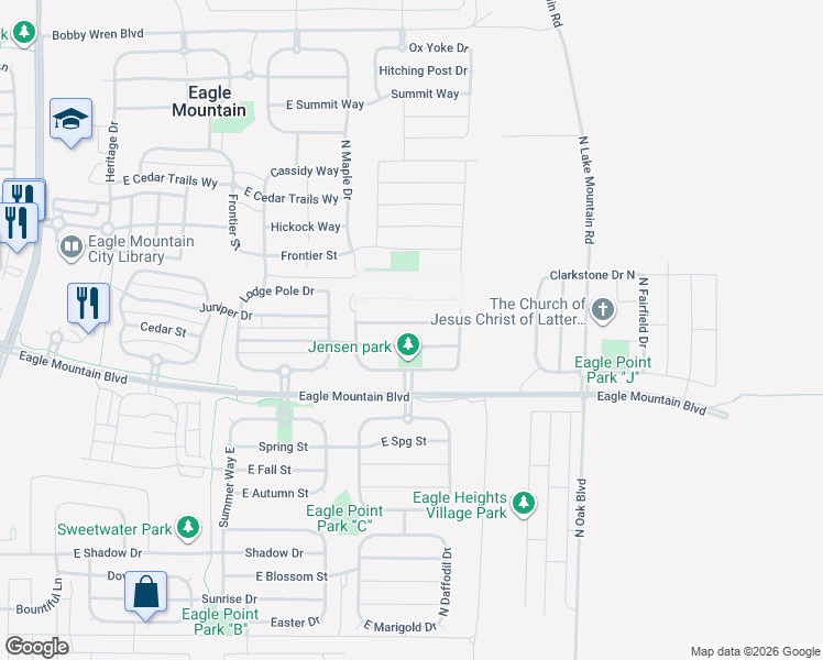 map of restaurants, bars, coffee shops, grocery stores, and more near 2358 East Mulberry Way in Eagle Mountain
