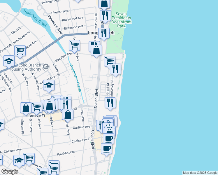 map of restaurants, bars, coffee shops, grocery stores, and more near 30 McKinley Street in Long Branch