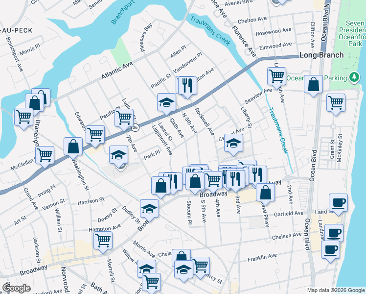 map of restaurants, bars, coffee shops, grocery stores, and more near 107 Sixth Avenue in Long Branch