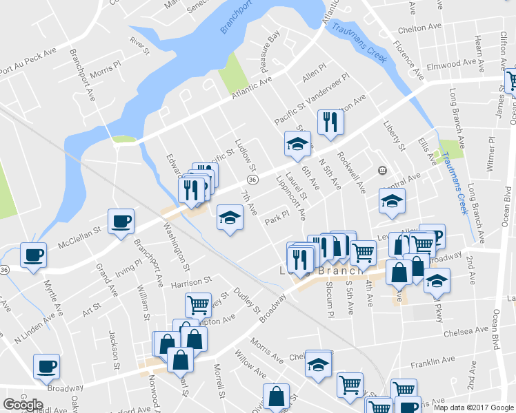 map of restaurants, bars, coffee shops, grocery stores, and more near 157 7th Avenue in Long Branch