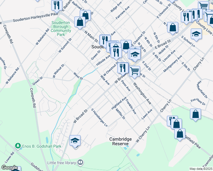 map of restaurants, bars, coffee shops, grocery stores, and more near 69 West Broad Street in Souderton